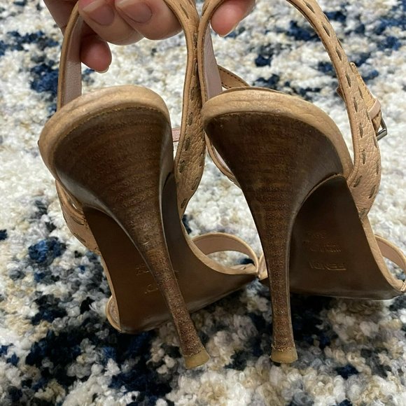 Fendi Women’s Size 38 1/2 US 8.5 Beige Tan Leather Stiletto Sandals Heels Strap - Picture 4 of 12